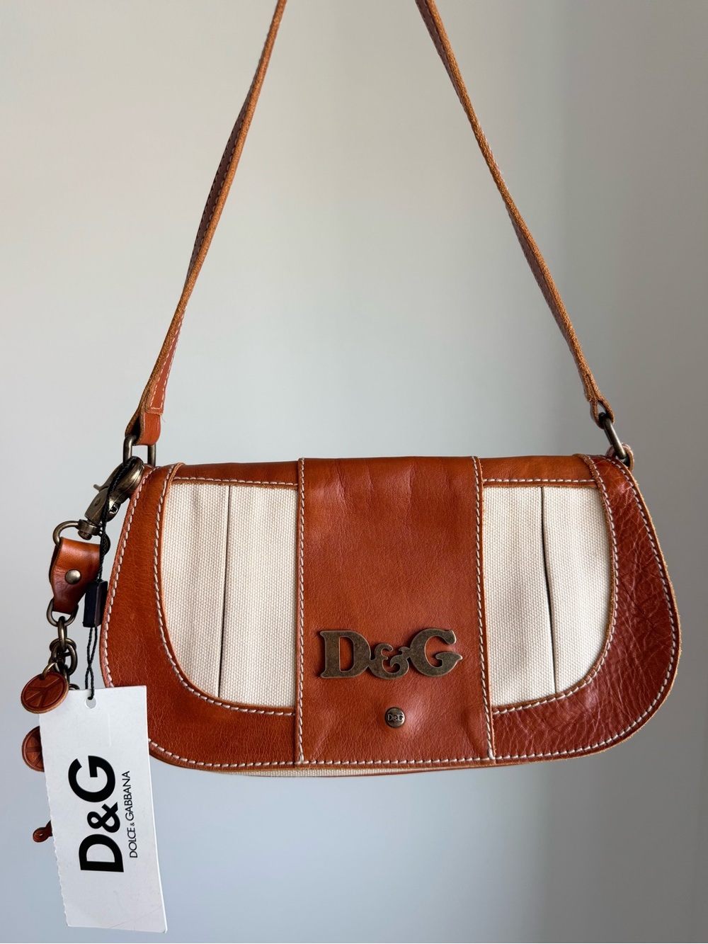 NWT Vintage Y2K brown leather and canvas D&G Dolce&Gabbana mini shoulder bag